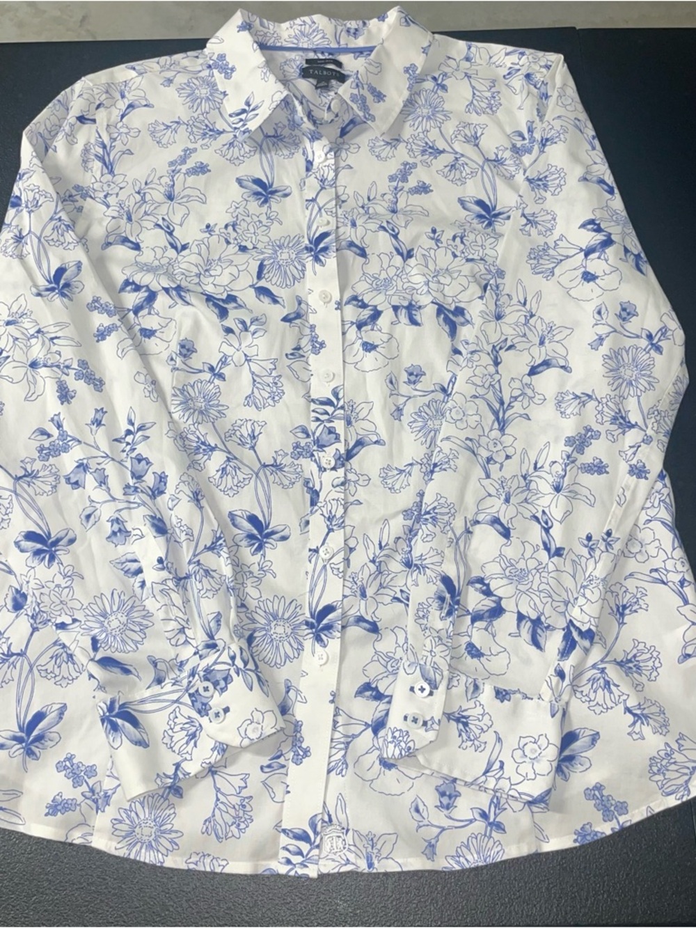 Talbots White Button Down Top with Blue Botanical Print